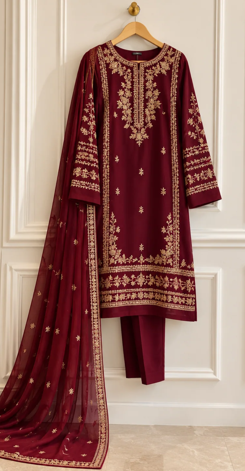 Libaas | 3 Piece | Stitched Suit | Maroon