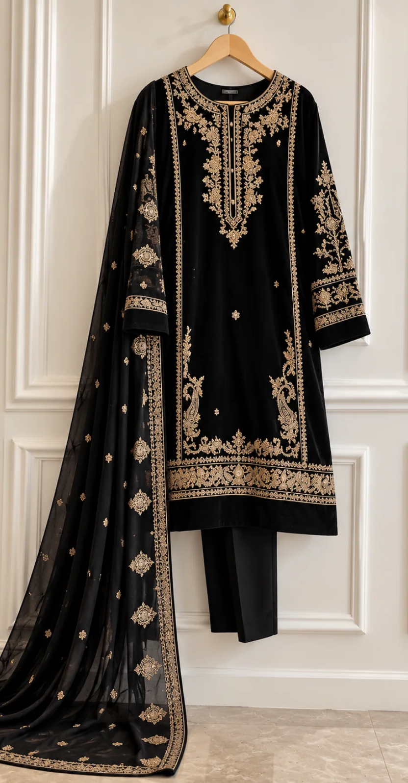 Dahaab | 3 Piece | Stitched Suit | Black