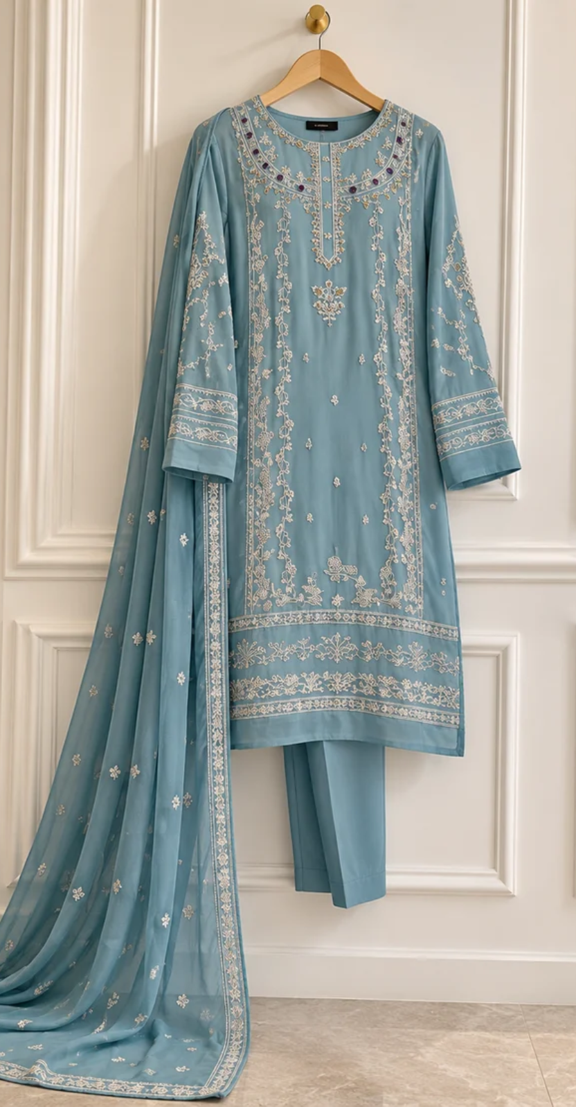Uroos | 3 Piece | Stitched Suit | Aqua Blue