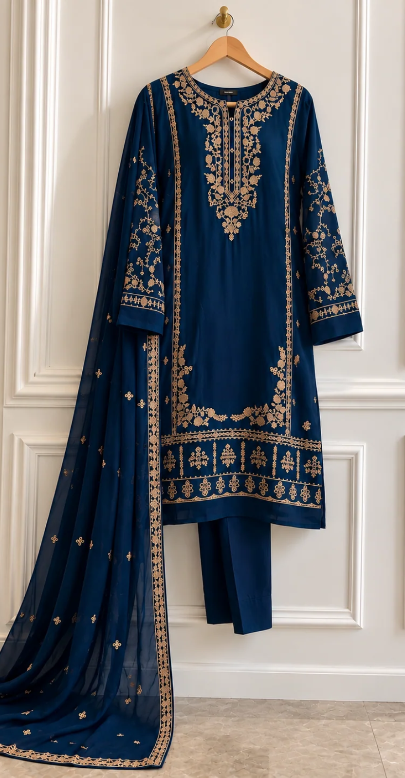 Meharbaan | 3 Piece | Stitched Suit | Ink Blue
